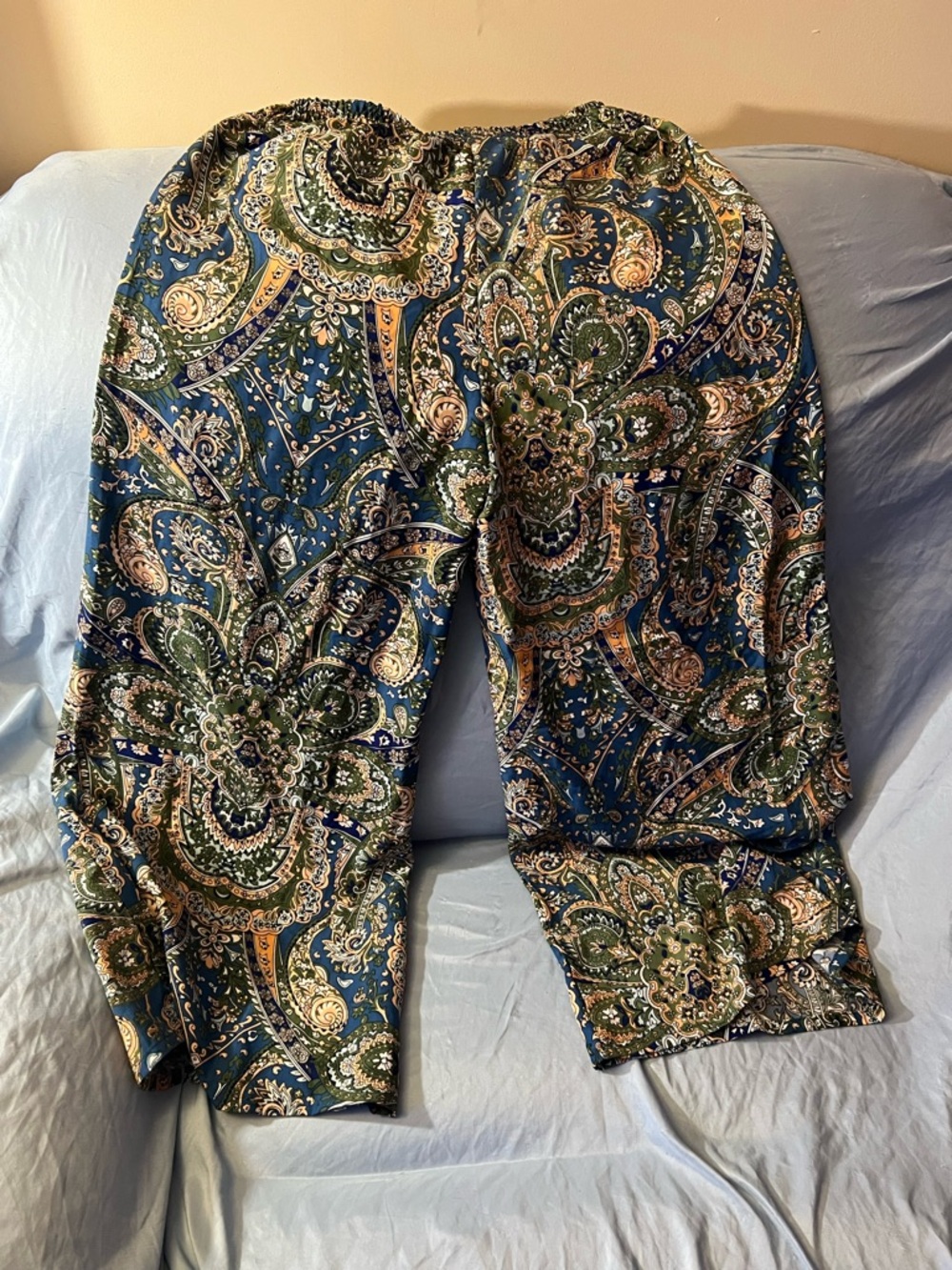 Woman’s Paisley Print Elastic-Waist Pants in Blue and Green